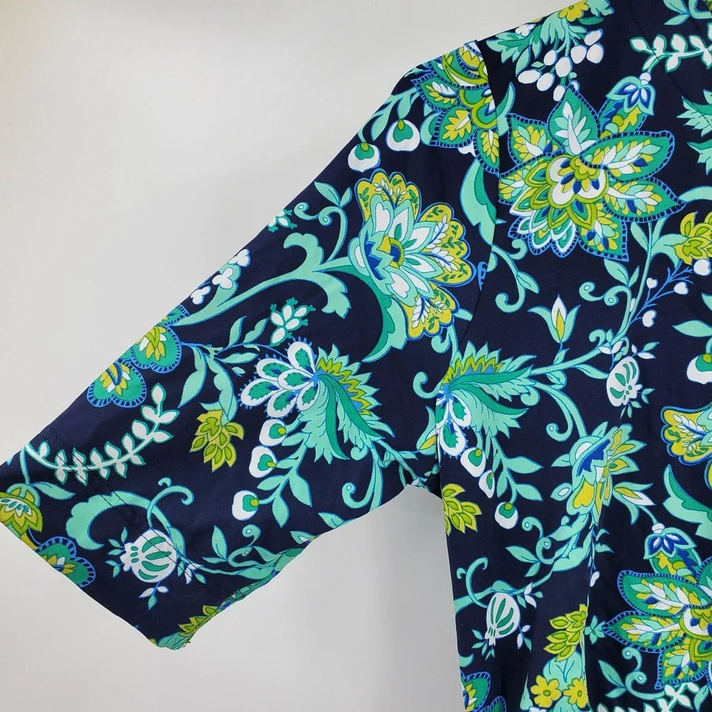 Lands End Women's Floral Paisley Swim Tee Rash‎ Guard Ruched Navy XS Swimsuit
